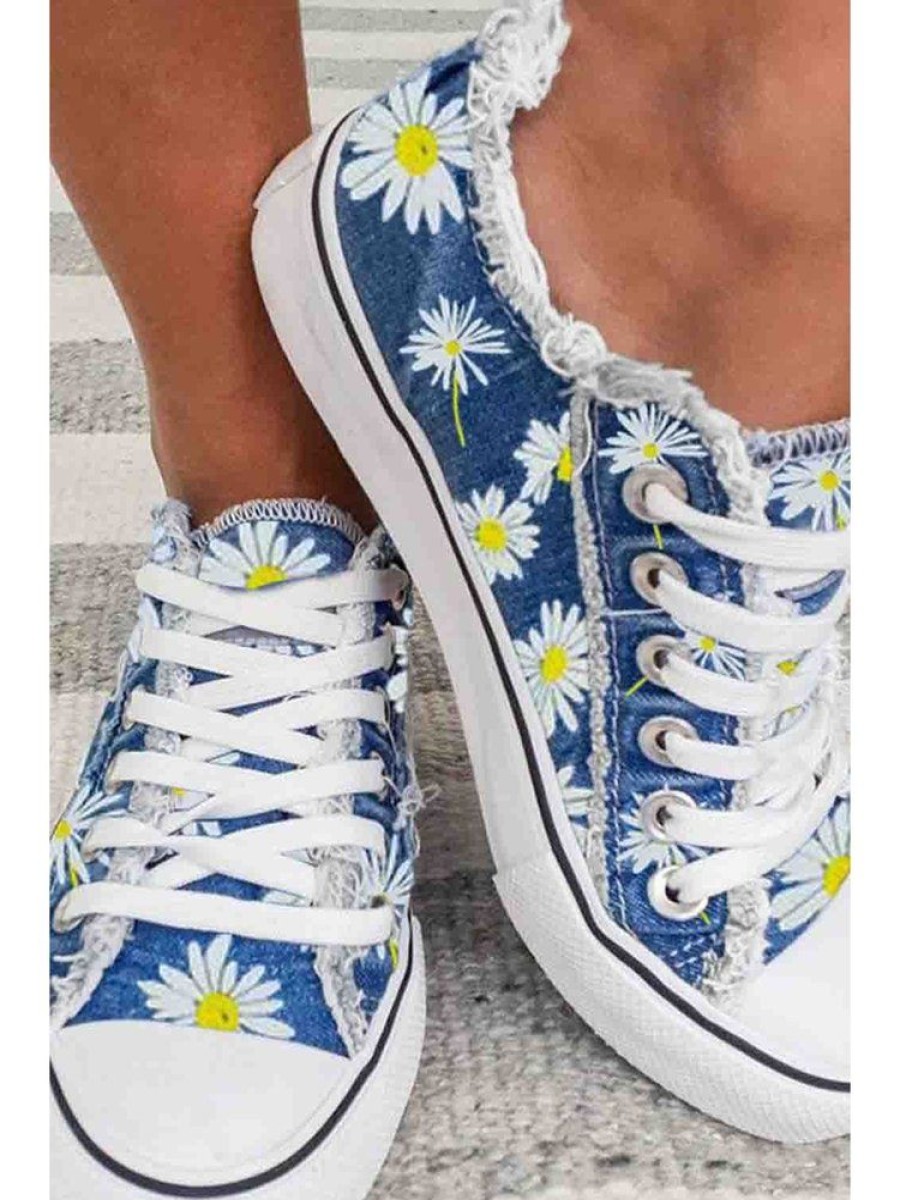 Shoes zolucky | Daisy Graphic-Print Denim Lace-Up Canvas Flats As Picture