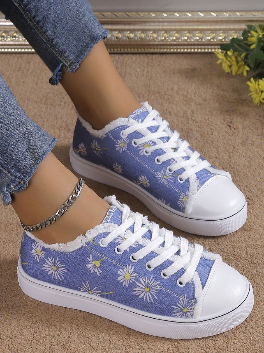 Shoes zolucky | Daisy Graphic-Print Denim Lace-Up Canvas Flats As Picture