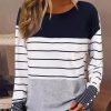 Topshot zolucky | Striped Buttoned H-Line Casual Crew Neck Long Sleeve T-Shirt