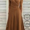 Dresses zolucky | V Neck Cotton Loose Casual Dress Brown