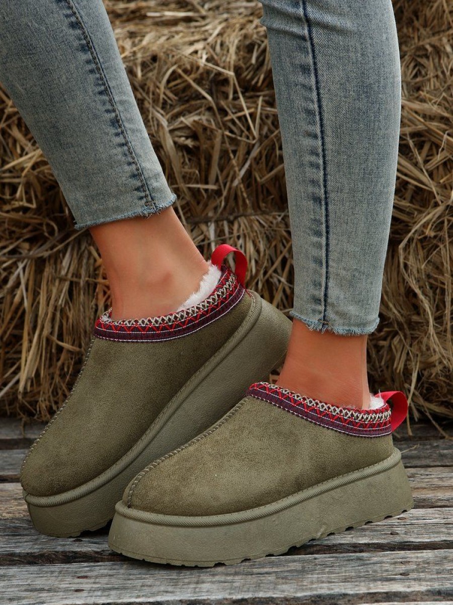 Shoes zolucky | Casual Ethnic Stitched Plush Lined Platform Mules Green