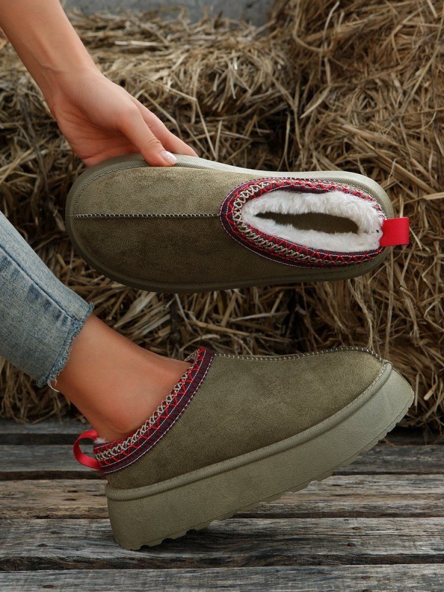 Shoes zolucky | Casual Ethnic Stitched Plush Lined Platform Mules Green