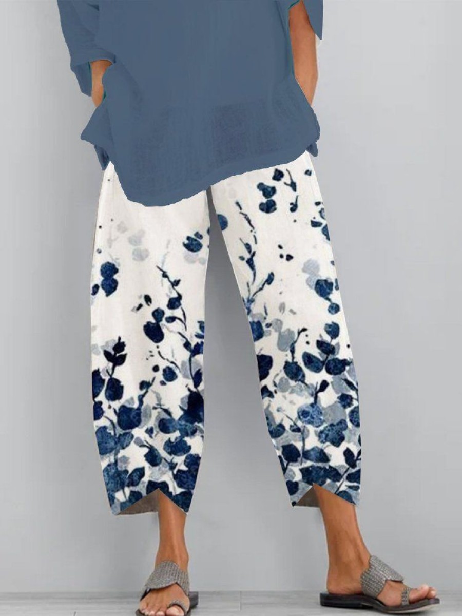 Bottoms zolucky | Women Vintage Floral Summer Pants Blue