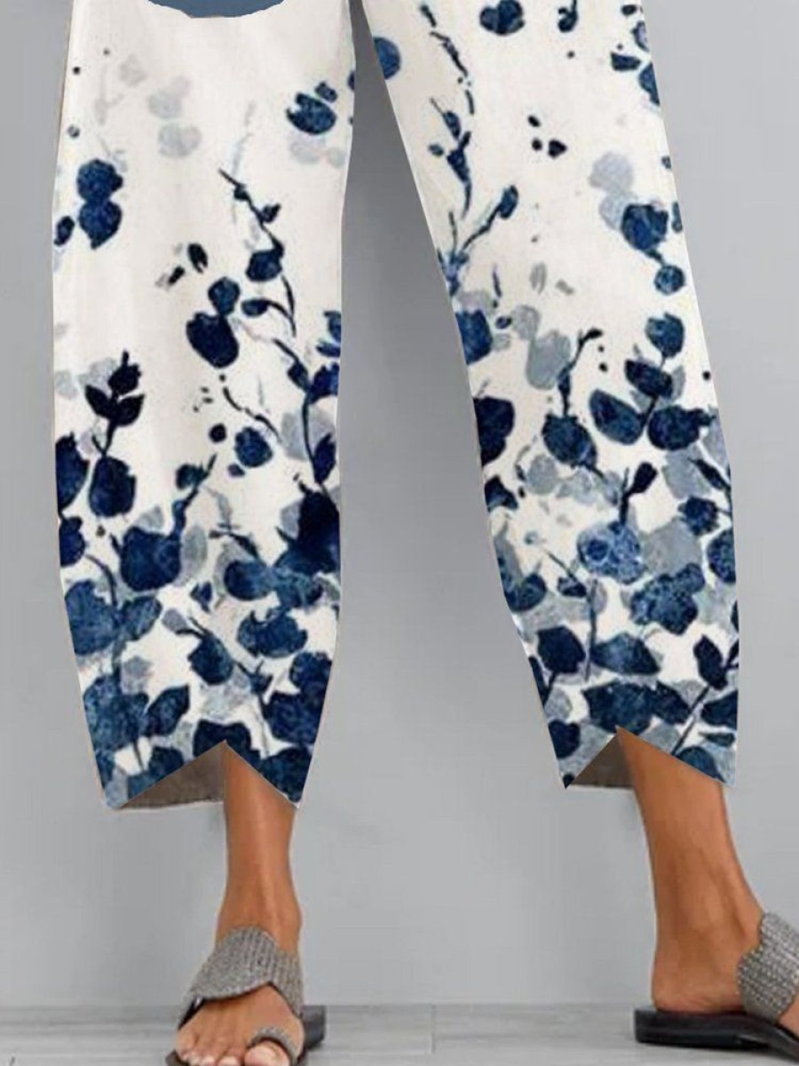 Bottoms zolucky | Women Vintage Floral Summer Pants Blue