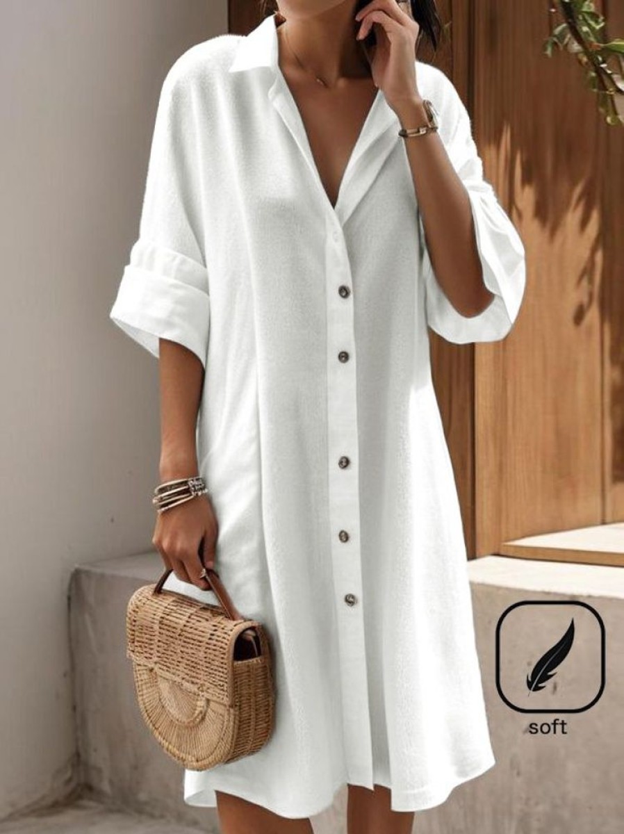 Dresses zolucky | Casual Shirt Collar Dress White