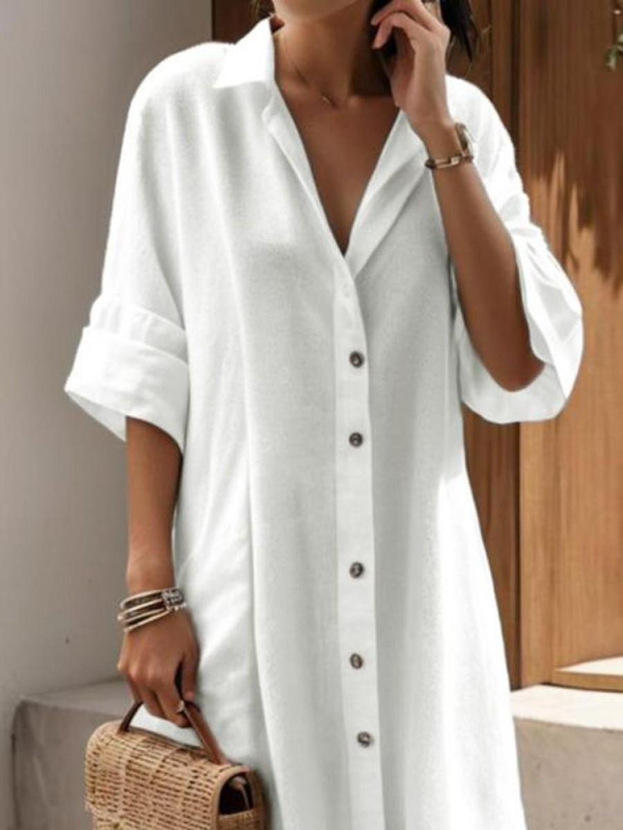 Dresses zolucky | Casual Shirt Collar Dress White