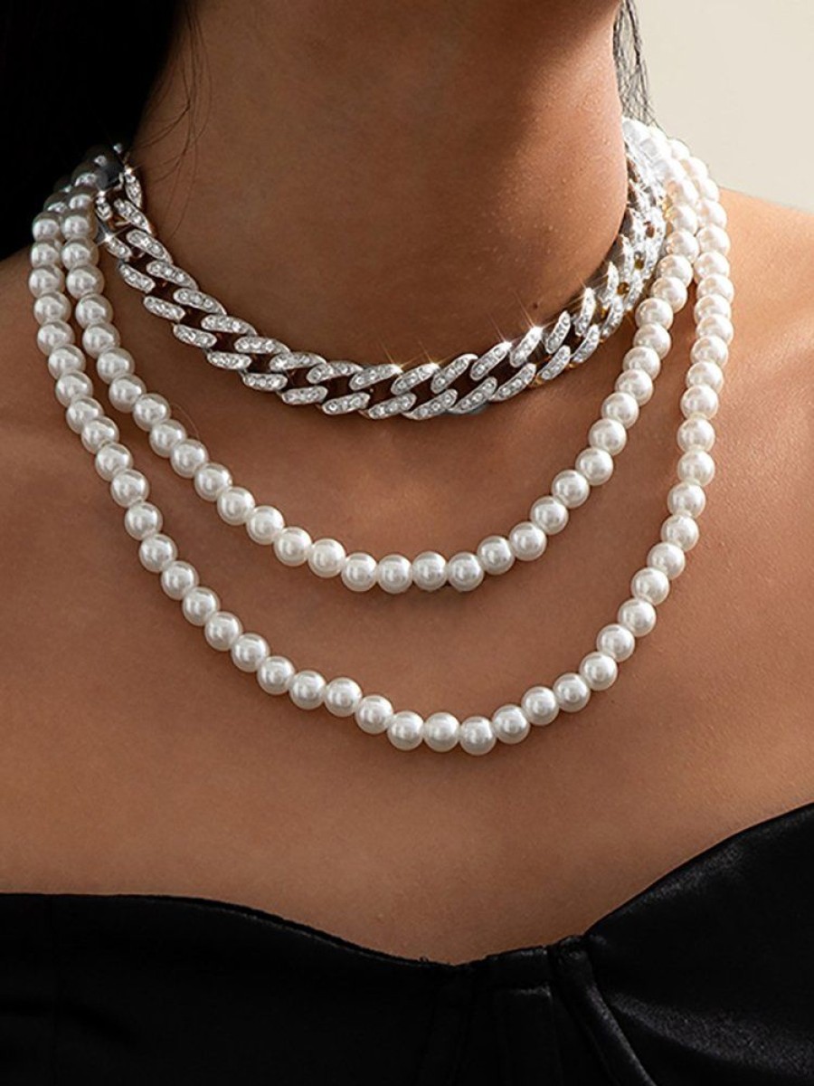 Accessories zolucky | Elegant Rhinestone Chain Imitation Pearls Multi-Layer Necklace Silver