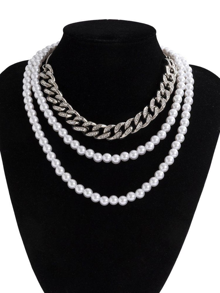 Accessories zolucky | Elegant Rhinestone Chain Imitation Pearls Multi-Layer Necklace Silver