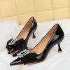 Shoes zolucky | Sparkling Rhinestone Bowknot Pu Patent Leather Party Wine Glass Heeled Pumps Black