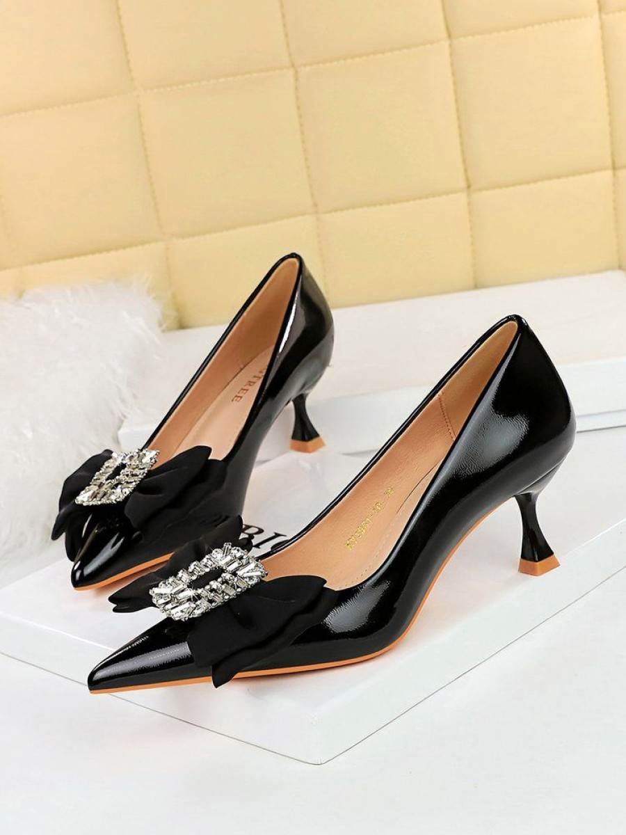 Shoes zolucky | Sparkling Rhinestone Bowknot Pu Patent Leather Party Wine Glass Heeled Pumps Black