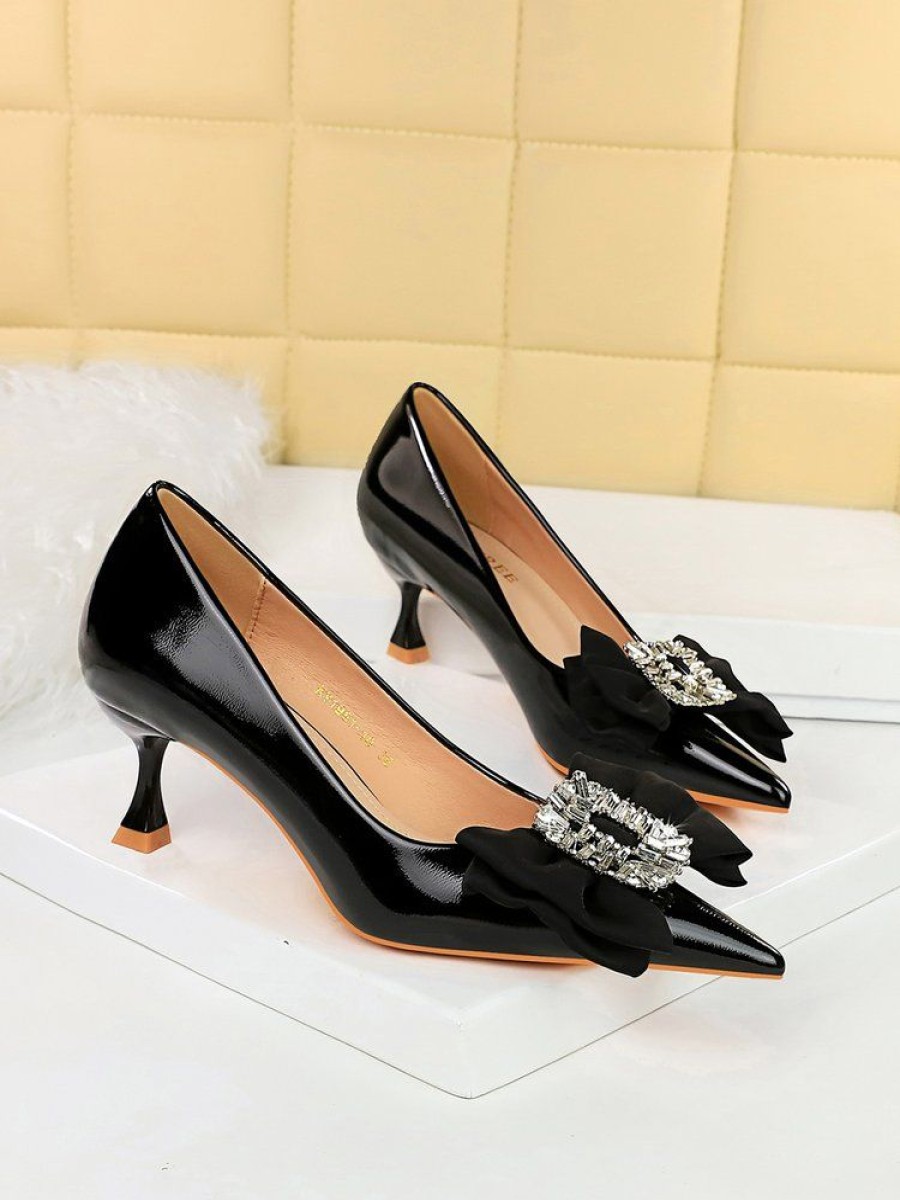 Shoes zolucky | Sparkling Rhinestone Bowknot Pu Patent Leather Party Wine Glass Heeled Pumps Black