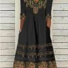 Dresses zolucky | Vintage V Neck Ethnic Jersey Casual H-Line 3/4 Sleeve Midi Dress Black