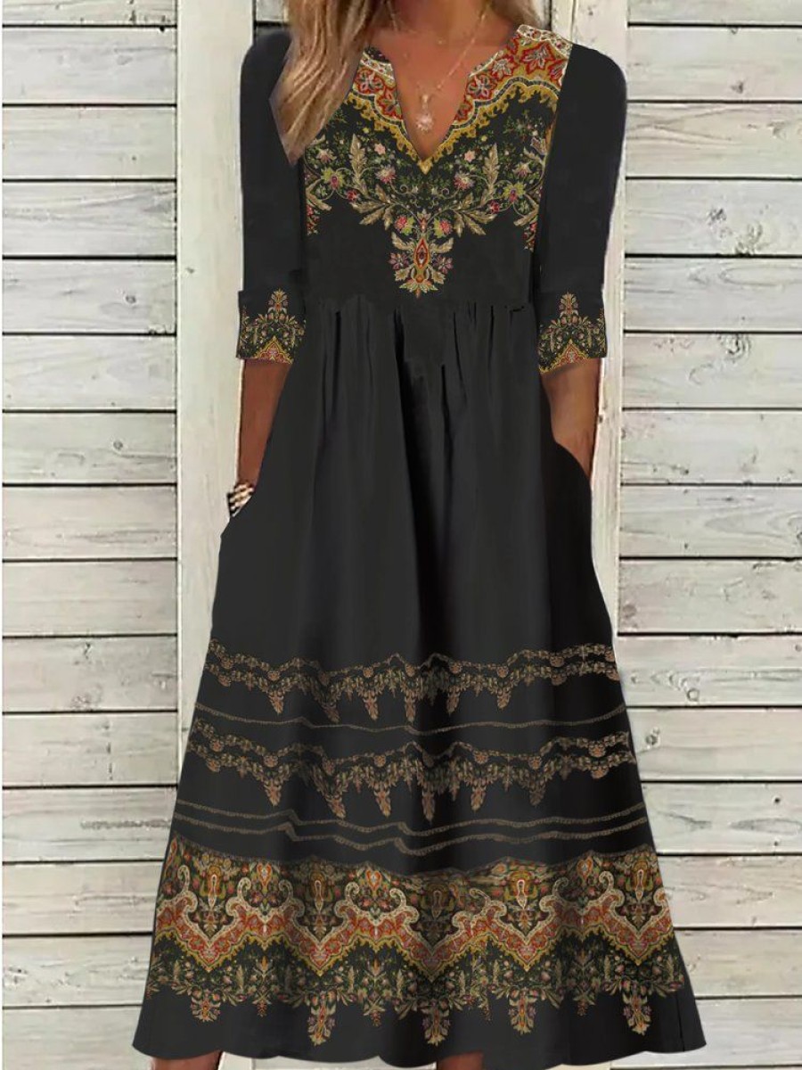 Dresses zolucky | Vintage V Neck Ethnic Jersey Casual H-Line 3/4 Sleeve Midi Dress Black