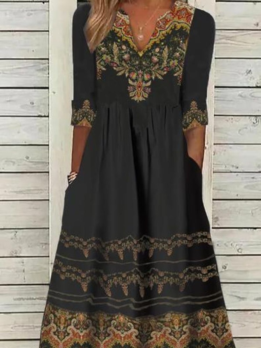 Dresses zolucky | Vintage V Neck Ethnic Jersey Casual H-Line 3/4 Sleeve Midi Dress Black