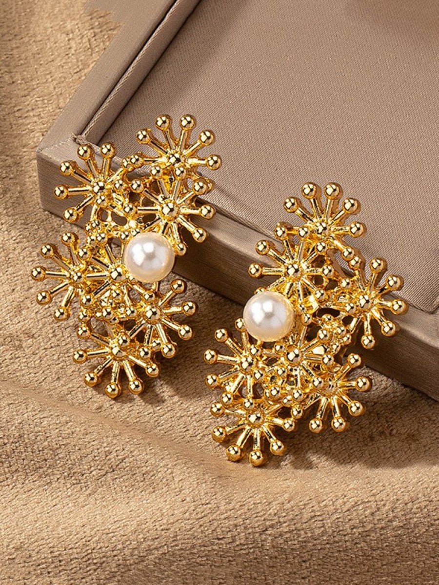 Accessories zolucky | Christmas Snowflake Hollow Out Imitation Pearl Earrings Golden