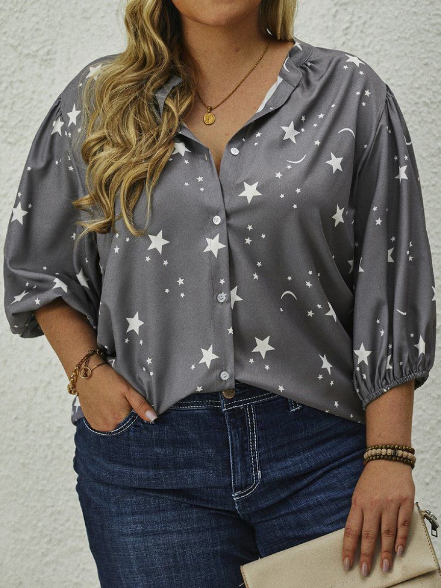 Plus&Curve zolucky | Plus Size Star&Moon Printed Stand Collar Half Sleeve Casual Shift Top Gray