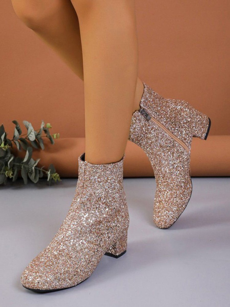 Shoes zolucky | Sequins Block Heel Fashion Boots Golden