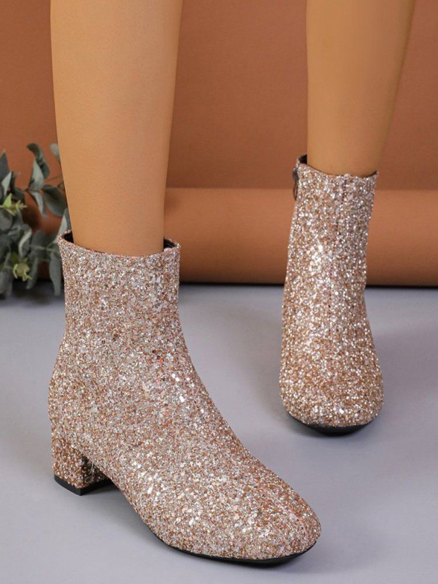 Shoes zolucky | Sequins Block Heel Fashion Boots Golden