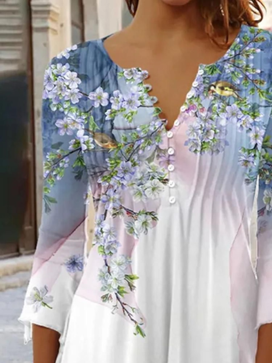 Topshot zolucky | Casual Notched Buckle Floral Printed Blouses Blue