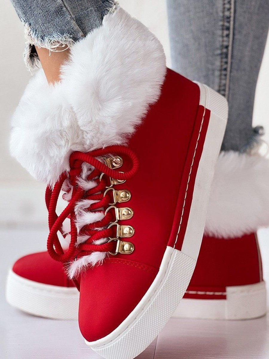 Shoes zolucky | Christmas Plush Plain Casual Winter Cotton-Padded Suede Flat Heel Slip On Classic Boots Red