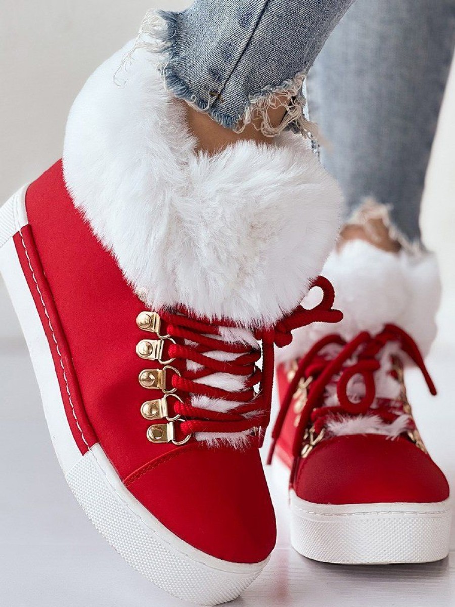 Shoes zolucky | Christmas Plush Plain Casual Winter Cotton-Padded Suede Flat Heel Slip On Classic Boots Red