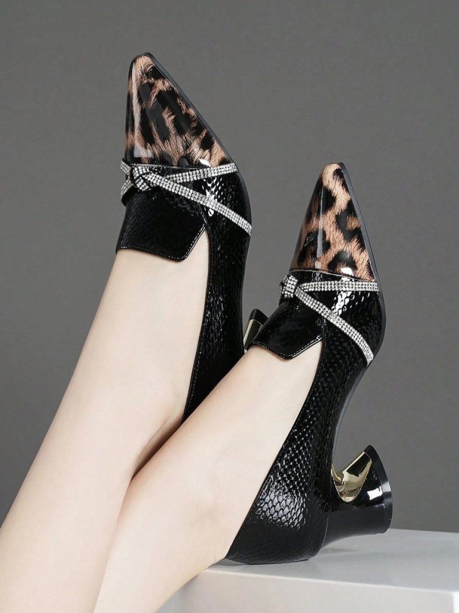 Shoes zolucky | Rhinestone Knot Front Party Spool Heel Pumps Leopard