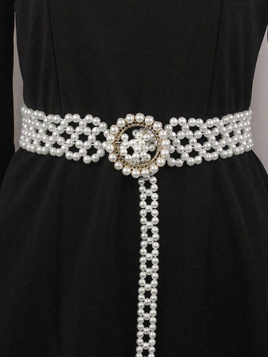 Accessories zolucky | Elegant Braided Imitation Pearls Belt Dress Decorative Hollow Out Stretch Waistband As Picture