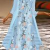 Dresses zolucky | Three Quarter Sleeves Floral Printed Loose Weaving Dress Suits Sky Blue