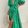 Dresses zolucky | Notched Casual Print Shirt Dress Green