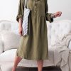 Dresses zolucky | Women Basic Long Sleeve Shirt Collar Buttoned Weaving Dress