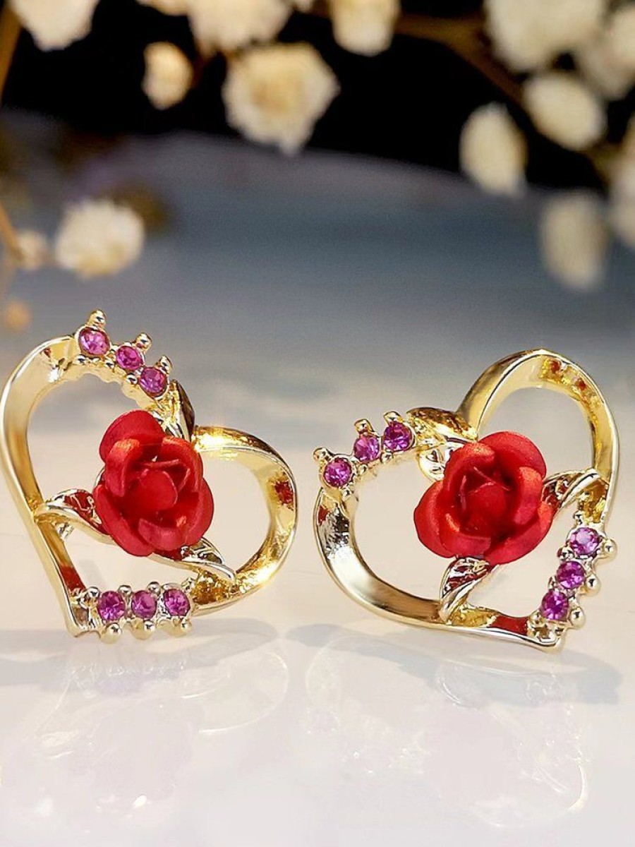 Accessories zolucky | Cross-Border Hot Sale Hollow Valentine'S Day Love Rose Earrings Red