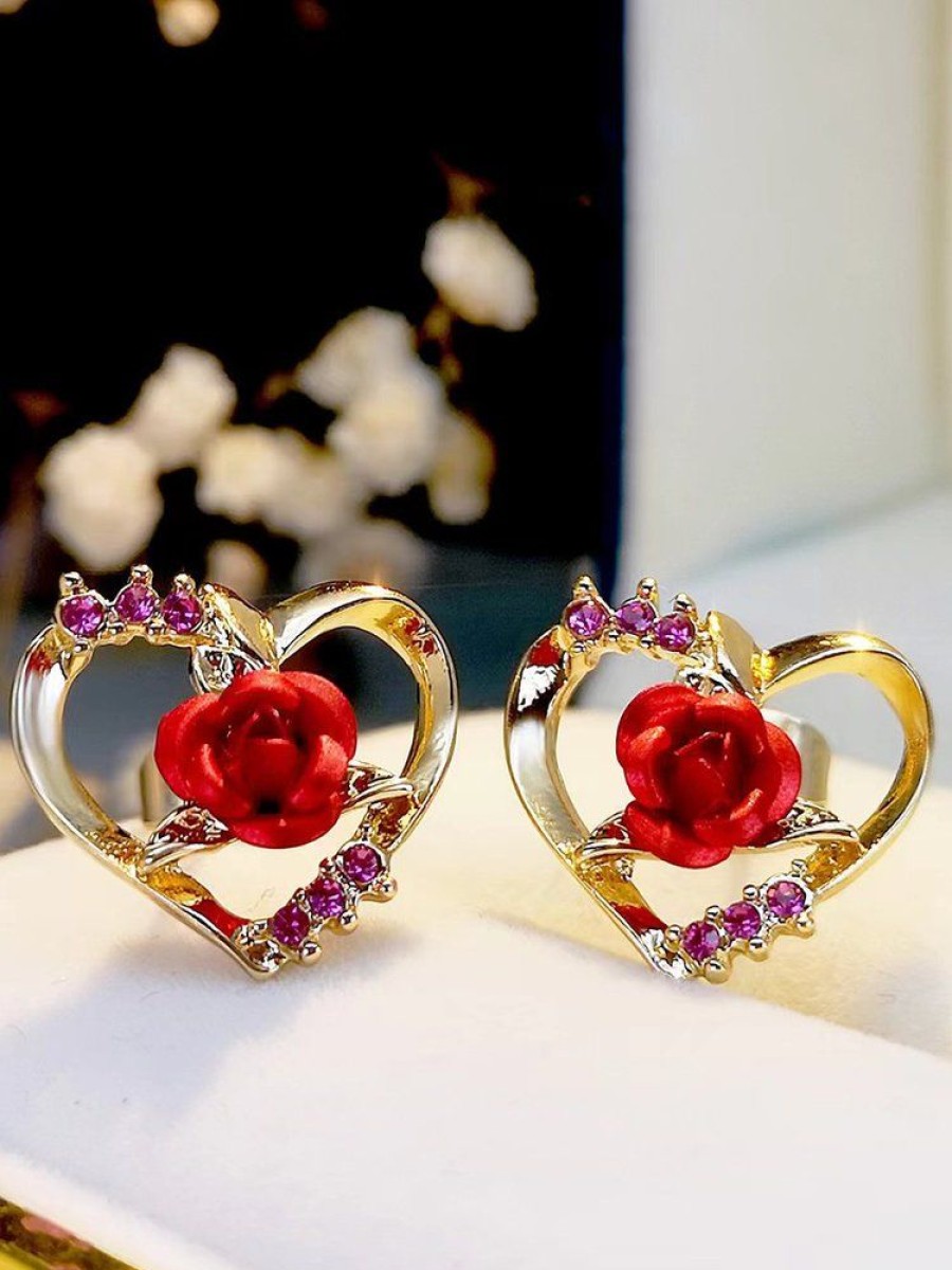 Accessories zolucky | Cross-Border Hot Sale Hollow Valentine'S Day Love Rose Earrings Red