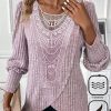 Topshot zolucky | Daily Casual Lace Crochet Design Jersey Crew Neck Loose Plain H-Line Long Sleeve T-Shirt Pink