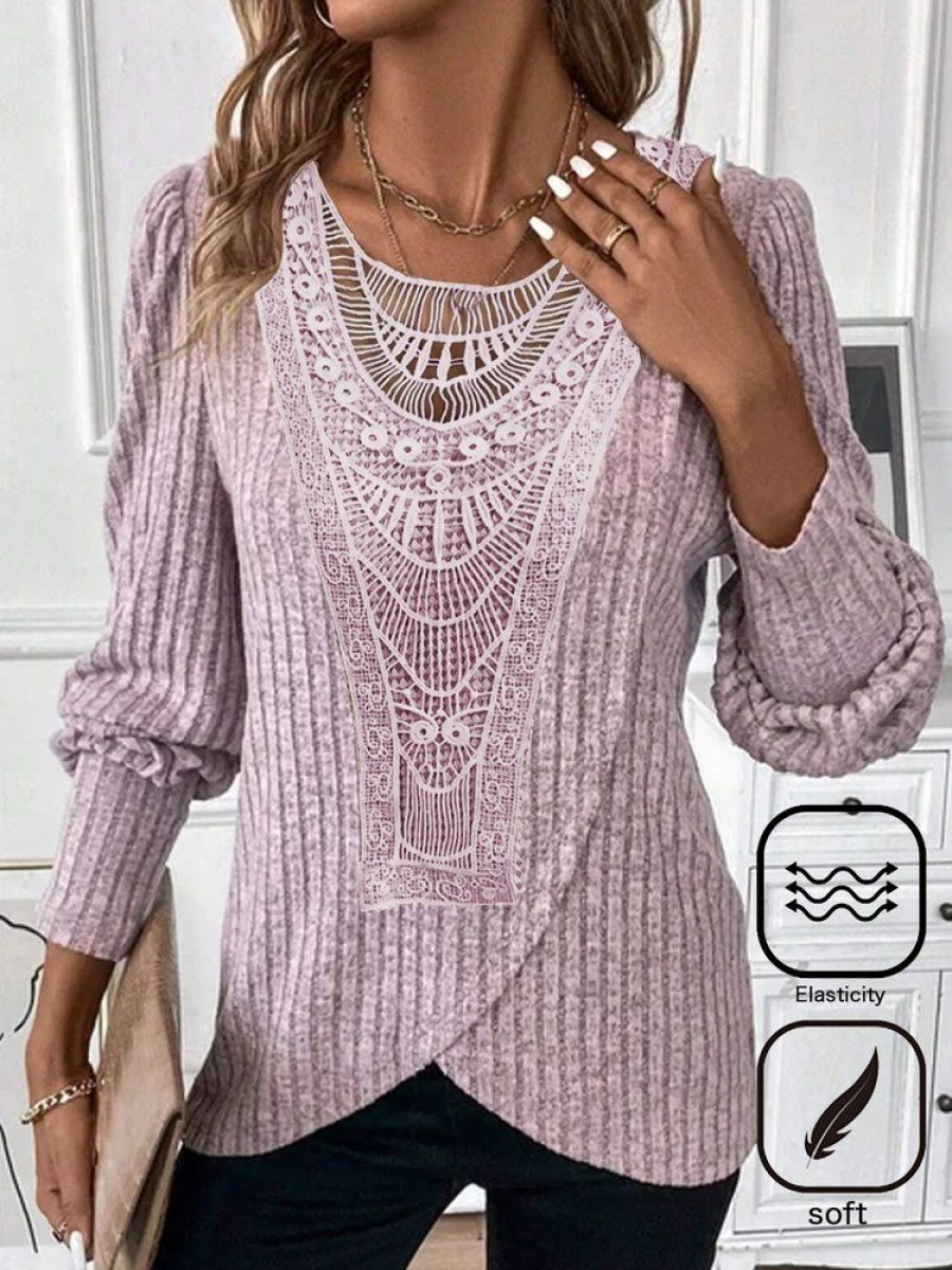 Topshot zolucky | Daily Casual Lace Crochet Design Jersey Crew Neck Loose Plain H-Line Long Sleeve T-Shirt Pink