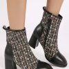 Shoes zolucky | Tweed Plaid Paneled Chunky Heel Square Toe Boots Black