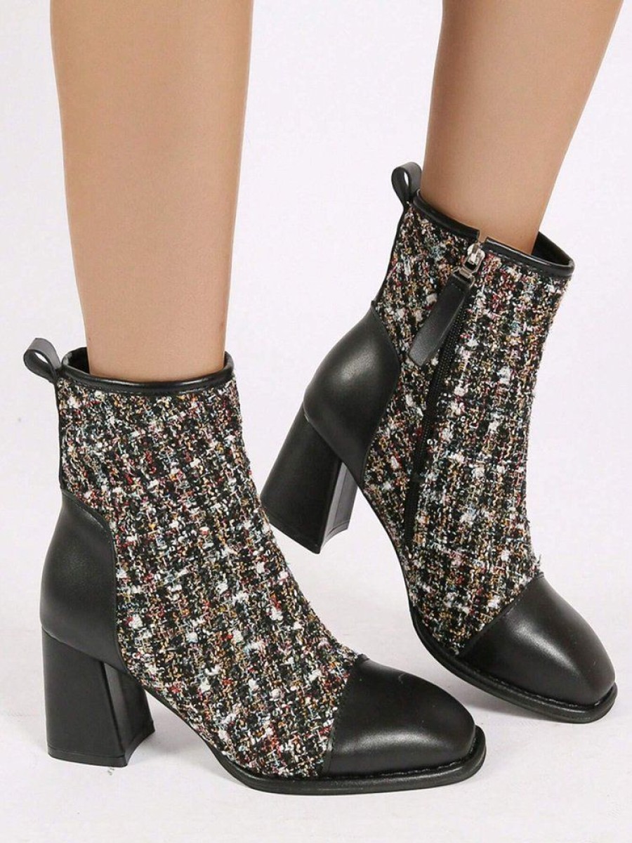 Shoes zolucky | Tweed Plaid Paneled Chunky Heel Square Toe Boots Black