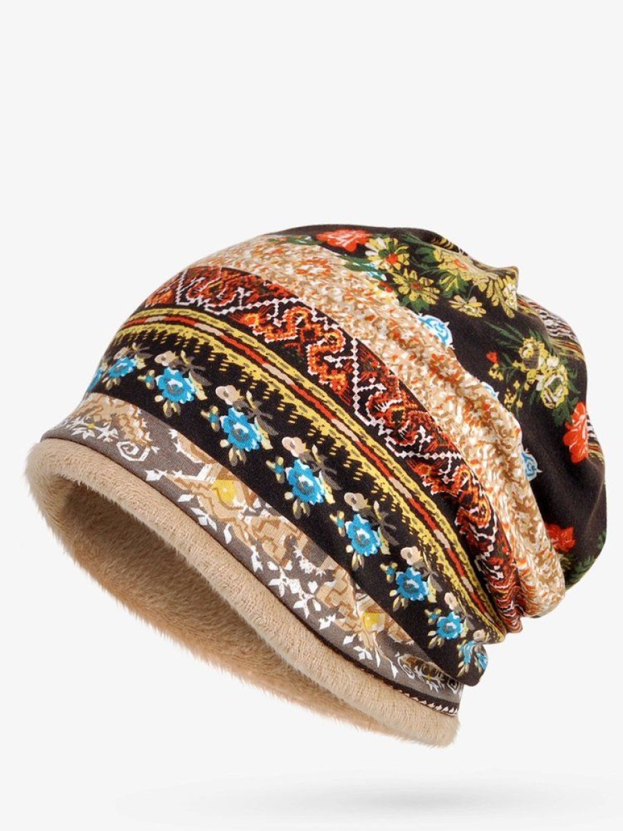 Accessories zolucky | Women Vintage Stripe Print Beanie Outdoor Windproof Snow Hat