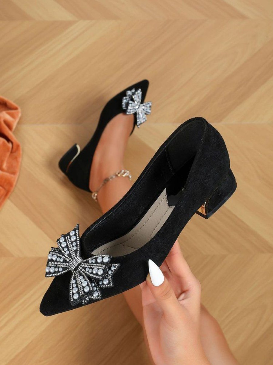 Shoes zolucky | Elegant Imitation Pearl Rhinestone Bowknot Low Heel Shallow Shoes Black