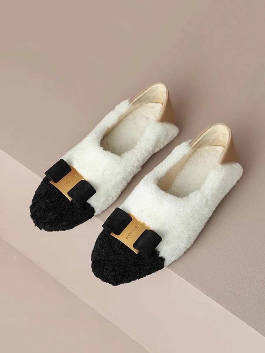 Shoes zolucky | Comfy Metal Bowknot Colorblock Faux Fur Slip On Shoes