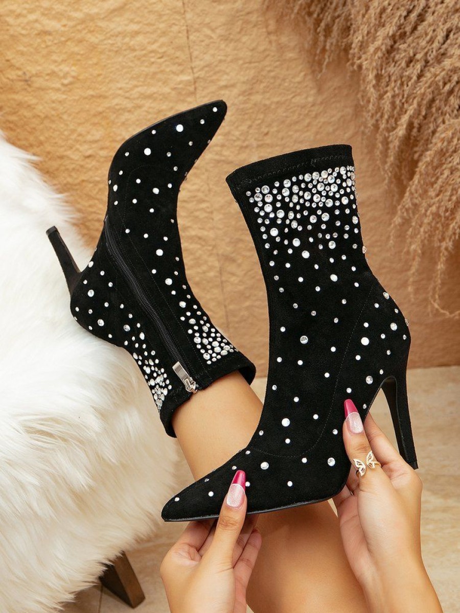 Shoes zolucky | Rhinestone Stiletto Heel Fashion Stretch Boots Black