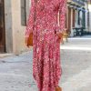 Dresses zolucky | Casual Disty Floral Long Sleeve Crew Neck Dress Deep Pink