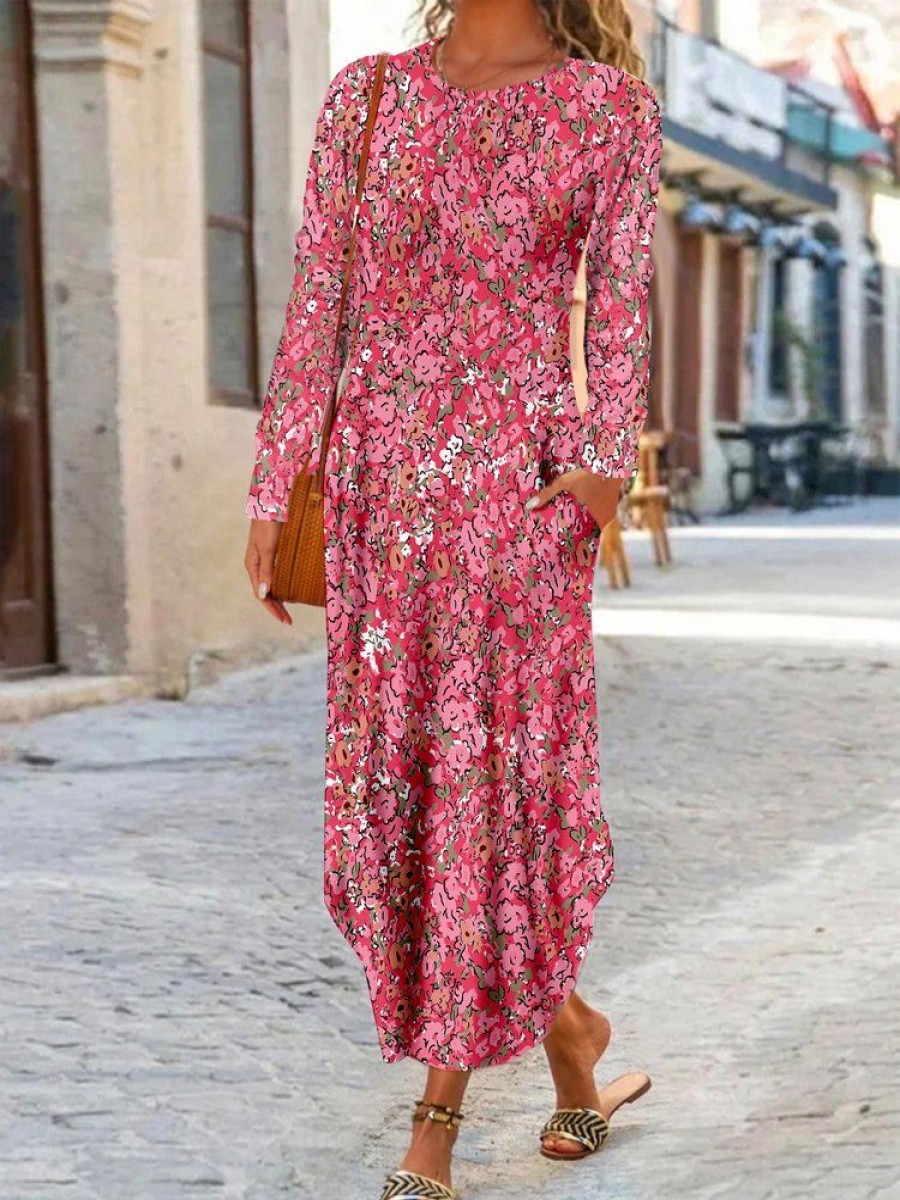 Dresses zolucky | Casual Disty Floral Long Sleeve Crew Neck Dress Deep Pink