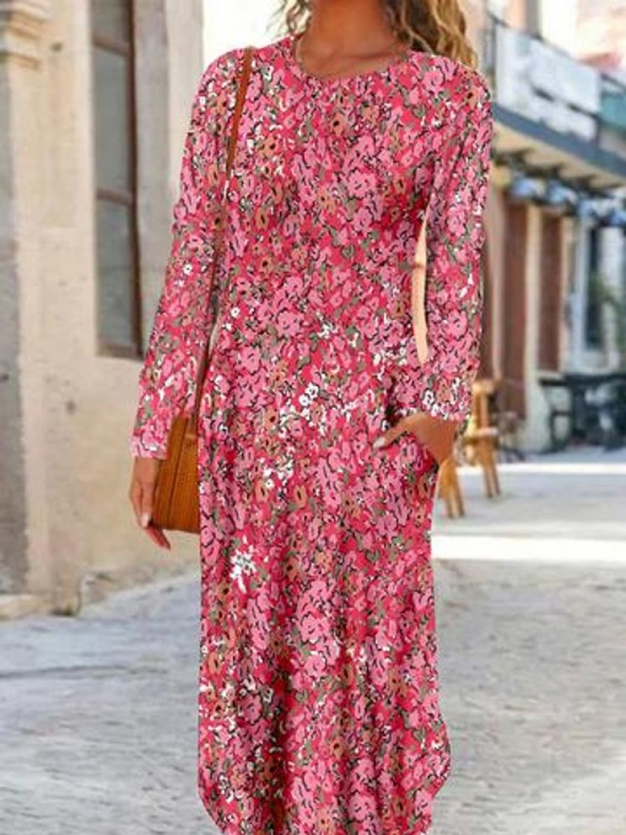 Dresses zolucky | Casual Disty Floral Long Sleeve Crew Neck Dress Deep Pink