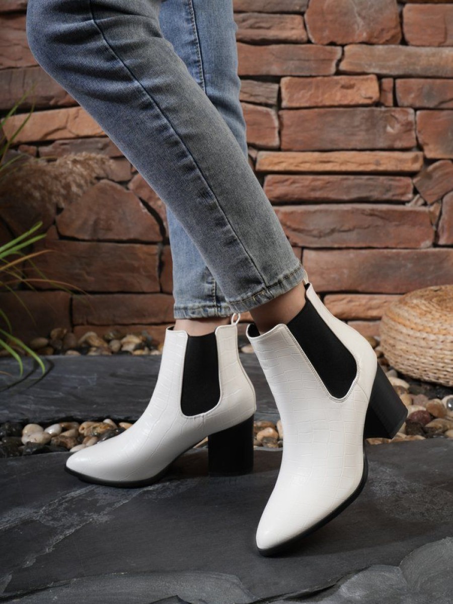 Shoes zolucky | Women Minimalist Color Block Chunky Heel Chelsea Boots White