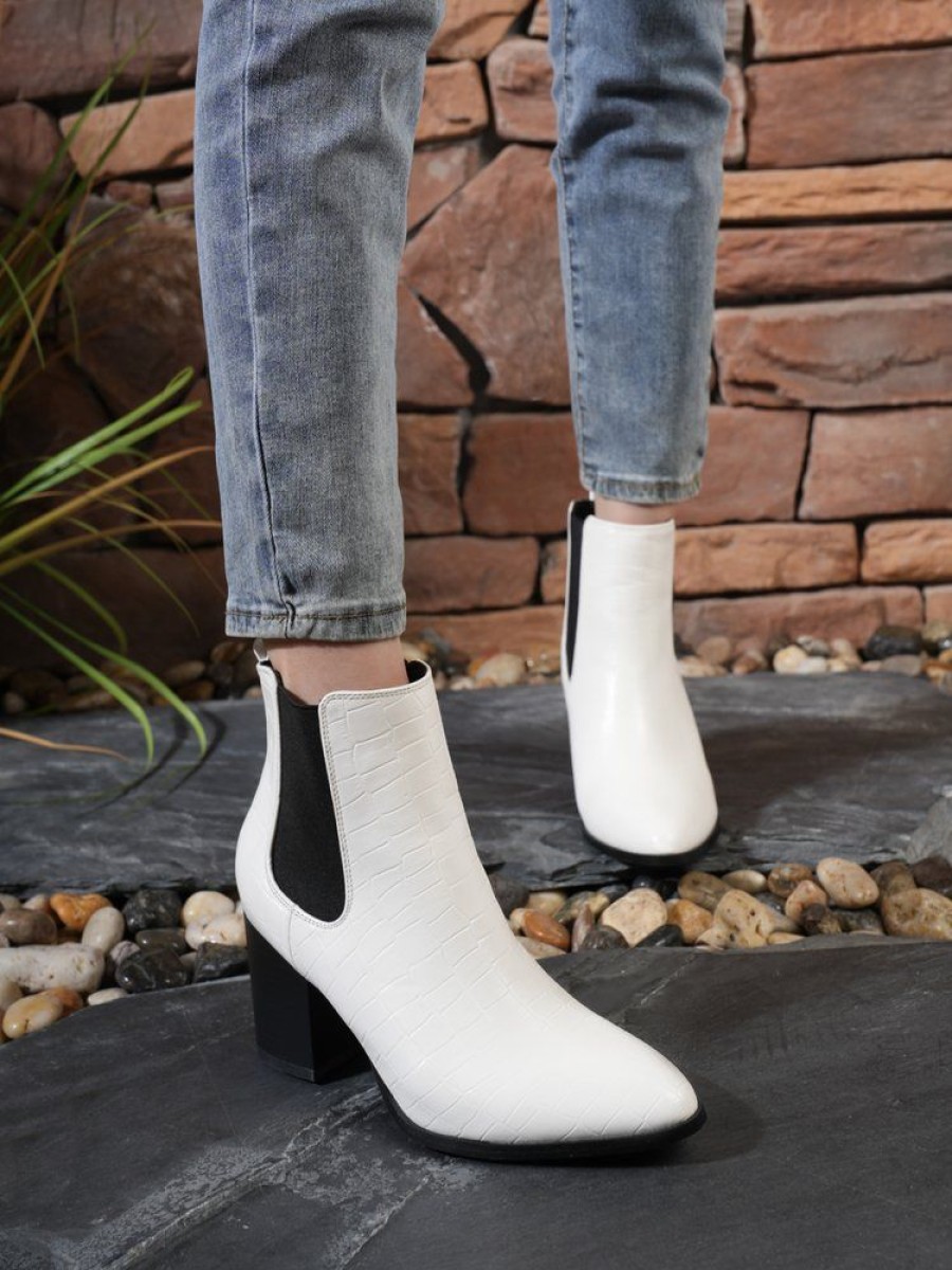 Shoes zolucky | Women Minimalist Color Block Chunky Heel Chelsea Boots White