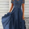 Dresses zolucky | Lace Plain V Neck Casual Dress Navyblue