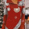 Topshot zolucky | Long Sleeve Christmas Snowflake Pattern Zipper Shawl Collar Casual Tunic Top Xmas Top Red