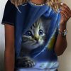 Topshot zolucky | Crew Neck Casual Loose Cat T-Shirt Blue