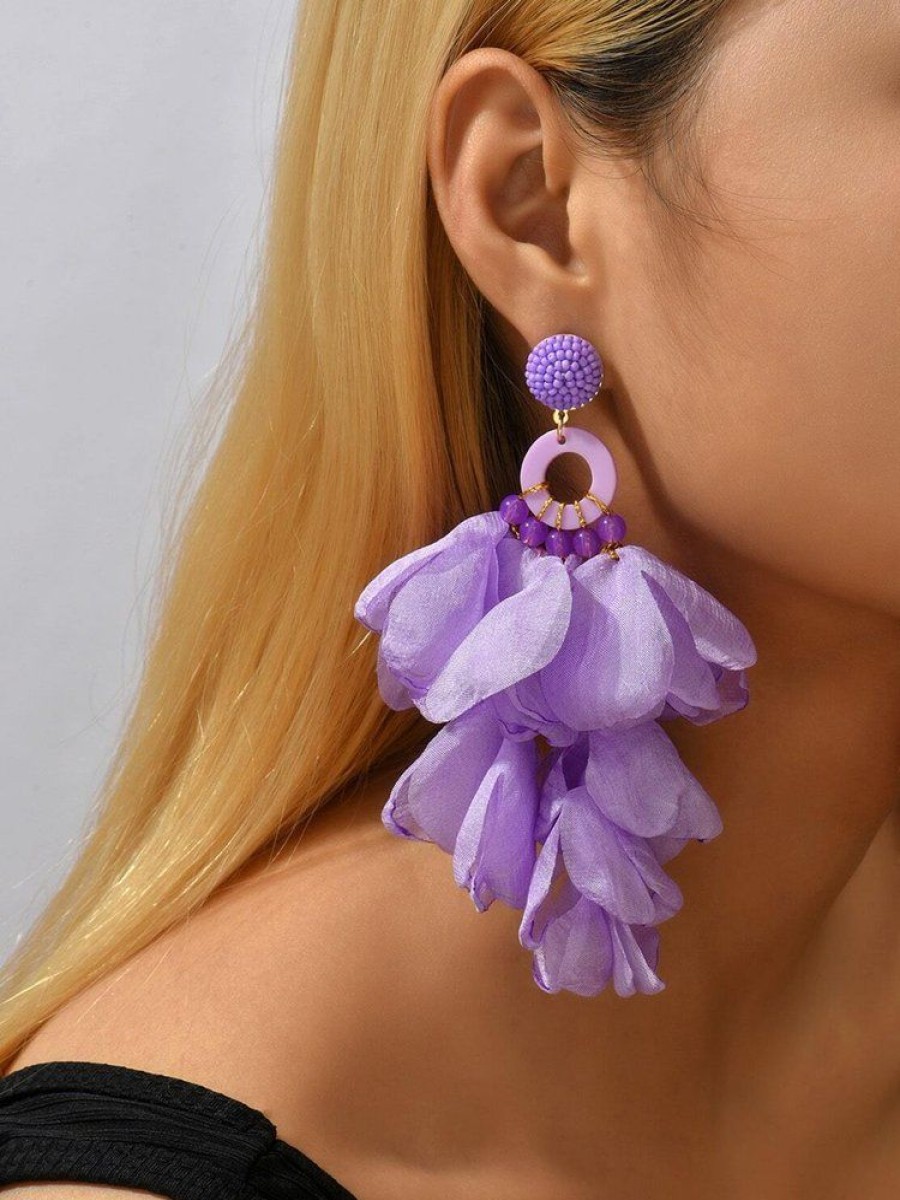 Accessories zolucky | Organza Petal Beaded Vacation Pendant Earrings