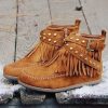 Shoes zolucky | Vintage Fringe Studded Flat Round Toe Buckle Booties